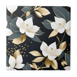 Modern Botanical Eucalyptus in Gold Ceramic Tile
