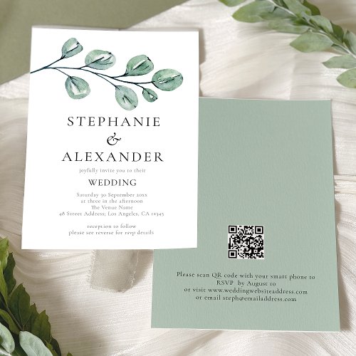 Modern Botanical Eucalyptus QR Code Wedding Invitation
