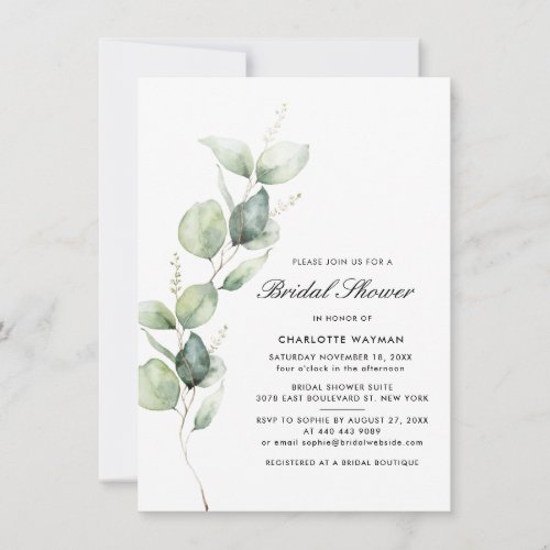 Modern Botanical Eucalyptus Script Bridal Shower Invitation