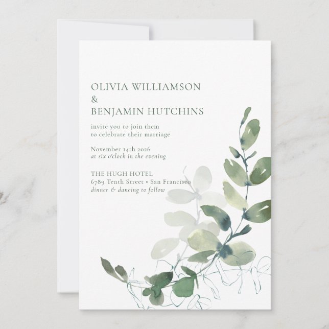 Modern Botanical Eucalyptus Wedding RSVP Online Invitation (Front)