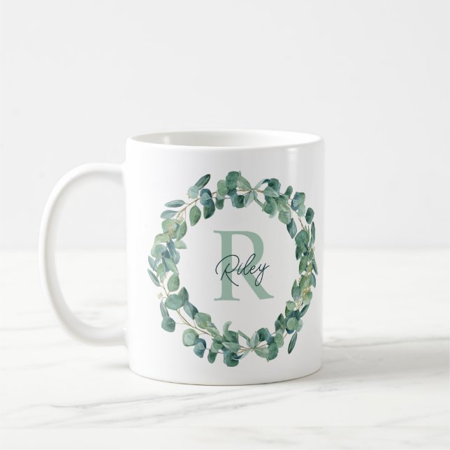 Modern Botanical Eucalyptus Wreath Personalized Coffee Mug (Left)