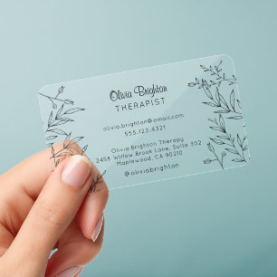 Modern Botanical Fine Line Leaves Therapist Clear Business Cards