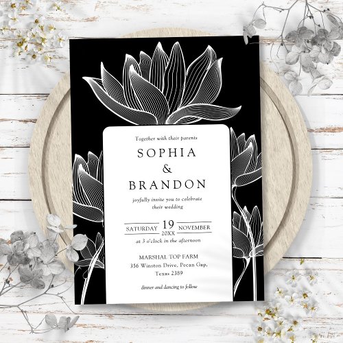 Modern Botanical Floral Black And White Wedding Invitation