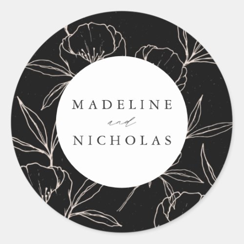 Modern Botanical Floral Black  Cream Wedding Classic Round Sticker