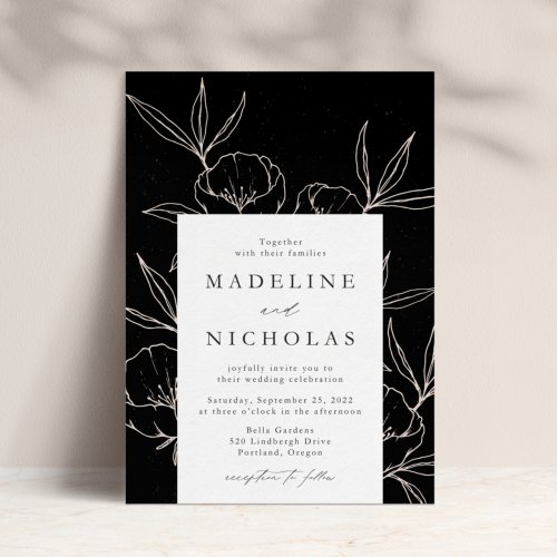 Modern Botanical Floral Black  Cream Wedding Invitation
