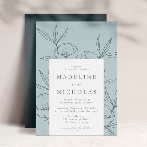 Modern Botanical Floral Blue  Slate Navy Wedding Invitation