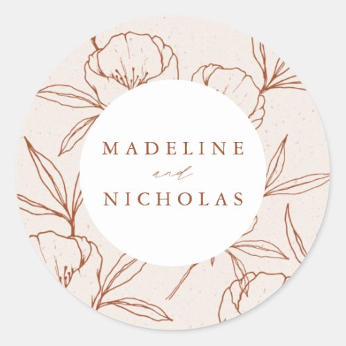 Modern Botanical Floral Cream  Cinnamon Wedding Classic Round Sticker