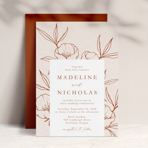 Modern Botanical Floral Cream  Cinnamon Wedding Invitation