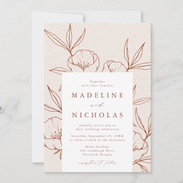 Modern Botanical Floral Cream & Cinnamon Wedding Invitation (Front)