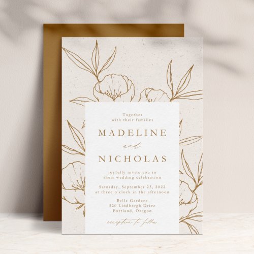 Modern Botanical Floral Cream  Gold Wedding Invitation