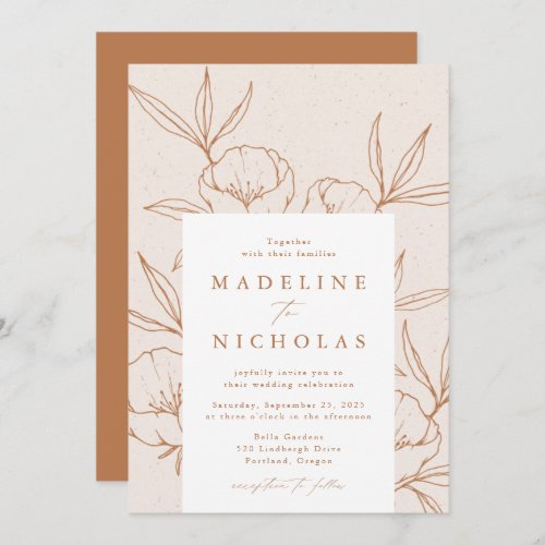 Modern Botanical Floral Cream  Terracotta Wedding Invitation