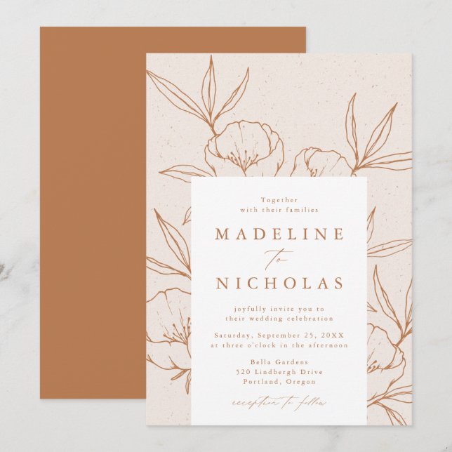 Modern Botanical Floral Cream & Terracotta Wedding Invitation (Front/Back)
