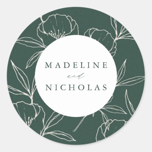Modern Botanical Floral Dark Green & Cream Wedding Classic Round Sticker