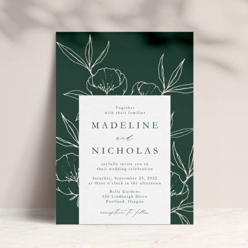 Modern Botanical Floral Dark Green  Cream Wedding Invitation
