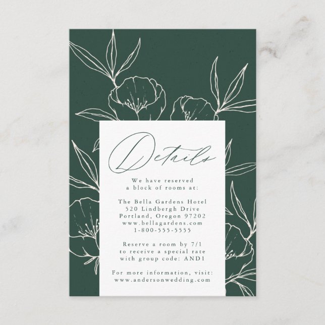 Modern Botanical Floral Dark Green Wedding Details Enclosure Card (Front)