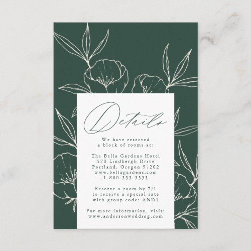 Modern Botanical Floral Dark Green Wedding Details Enclosure Card