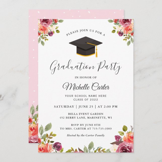 Modern Botanical Floral Girl Grad Graduation Party Invitation (Front/Back)