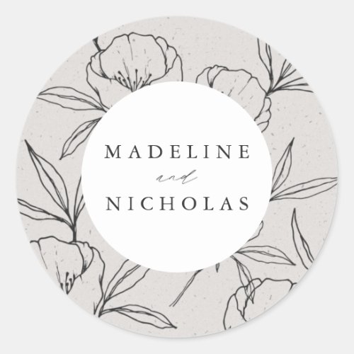 Modern Botanical Floral Gray  Black Wedding Classic Round Sticker
