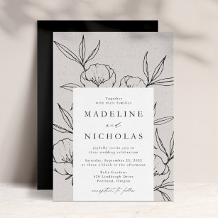 Modern Botanical Floral Gray & Black Wedding Invitation