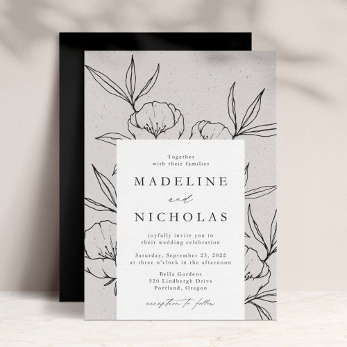 Modern Botanical Floral Gray  Black Wedding Invitation