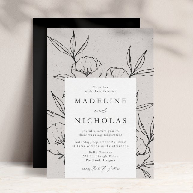 Modern Botanical Floral Gray & Black Wedding Invitation (Creator Uploaded)