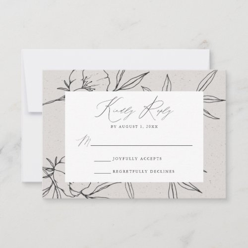 Modern Botanical Floral Gray  Black Wedding RSVP Card