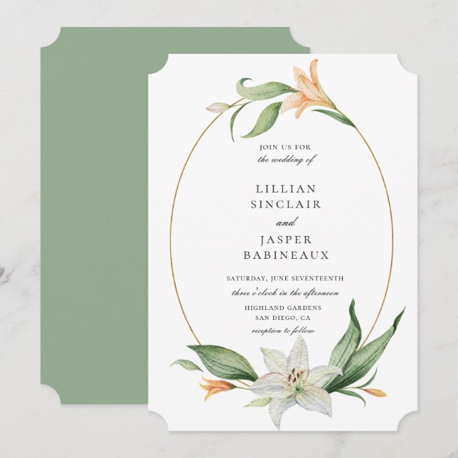 Modern Botanical Floral Lily Frame Wedding Invitation (Front/Back)