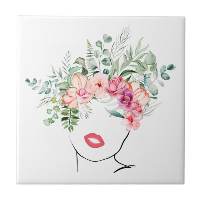 Modern Botanical Floral line art  Ceramic Tile (Front)