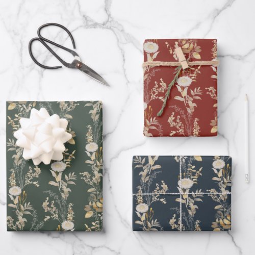 Modern Botanical Floral Red Green Wrapping Paper
