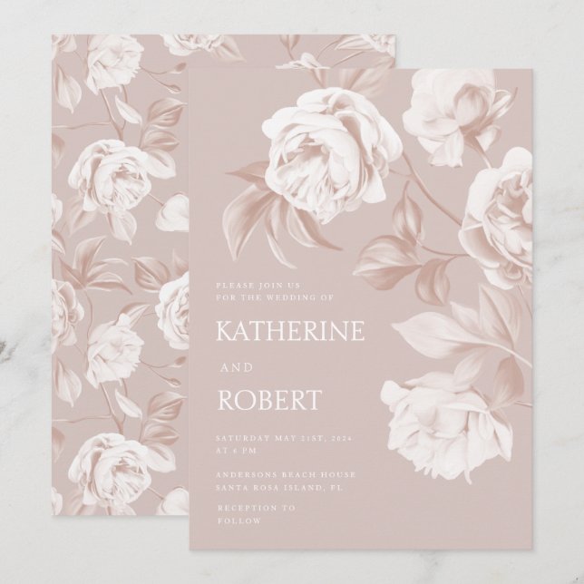 Modern Botanical Floral Roses Wedding Invitation (Front/Back)