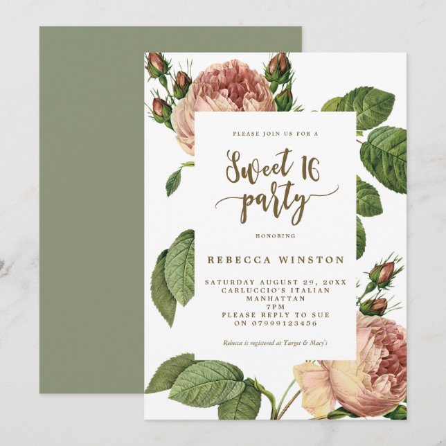 modern botanical floral sweet 16 invitation (Front/Back)