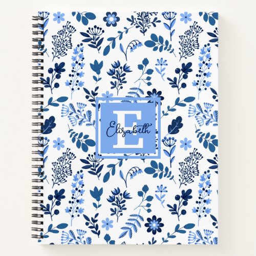 Modern Botanical Folk Art Blue Flowers Monogram No Notebook