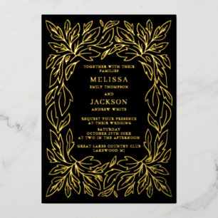 Modern Botanical Frame Elegant Wedding Black Foil Invitation