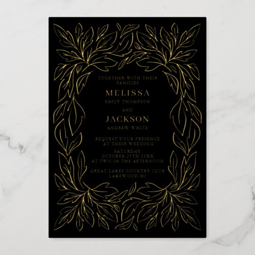Modern Botanical Frame Elegant Wedding Black Foil Invitation