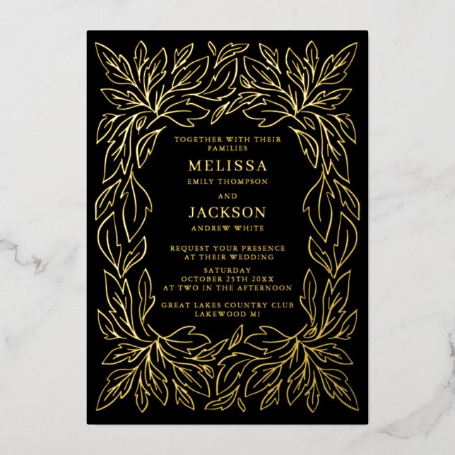 Modern Botanical Frame Elegant Wedding Black Foil Invitation (Front)