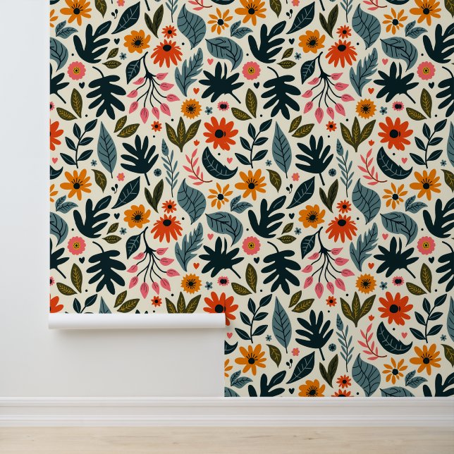 Modern Botanical Garden Pattern - Trendy Orange Wallpaper (Application)