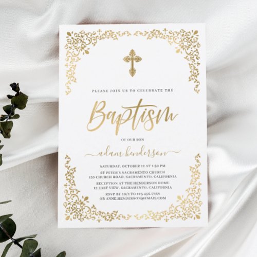 Modern Botanical Gold Baptism Invitation