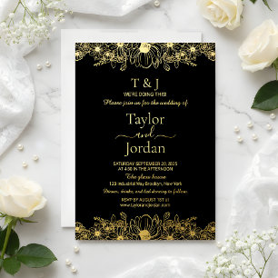Modern Botanical Gold Foil Black Wedding Invitation