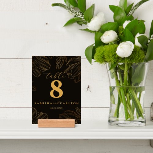 Modern Botanical Golden Floral Black Table Number Holder