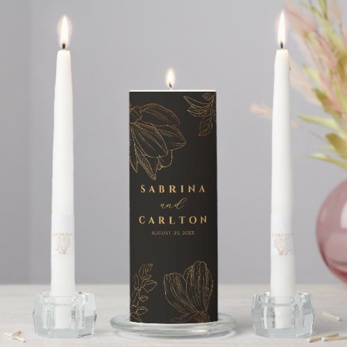 Modern Botanical Golden Floral Black Wedding Unity Candle Set