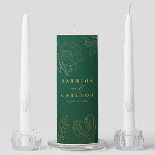 Modern Botanical Golden Floral Emerald Green Unity Candle Set