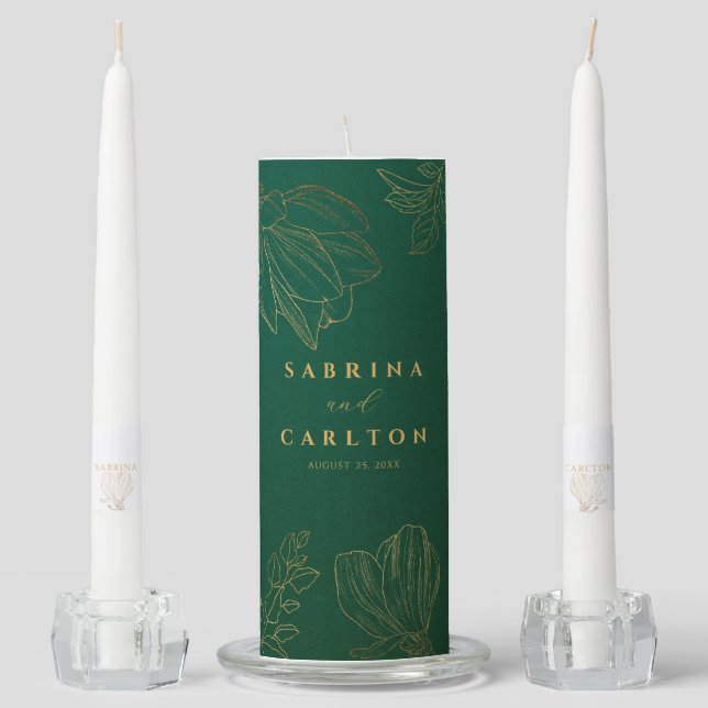 Modern Botanical Golden Floral Emerald Green Unity Candle Set (Front)
