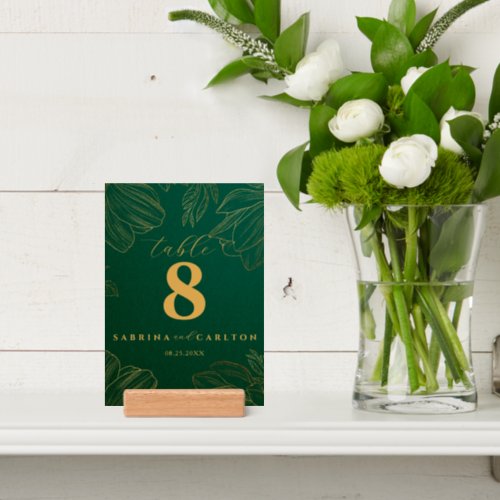 Modern Botanical Golden Floral Green Table Number Holder