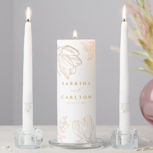 Modern Botanical Golden Floral Wedding Unity Candle Set (In Situ)