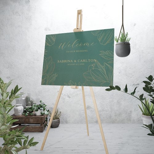 Modern Botanical Golden Floral Wedding Welcome Faux Canvas Print