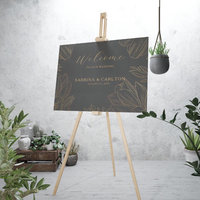 Modern Botanical Golden Floral Wedding Welcome Faux Canvas Print (Creator Uploaded)
