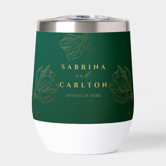 Modern Botanical Golden Nature Floral Green  Thermal Wine Tumbler (Front)