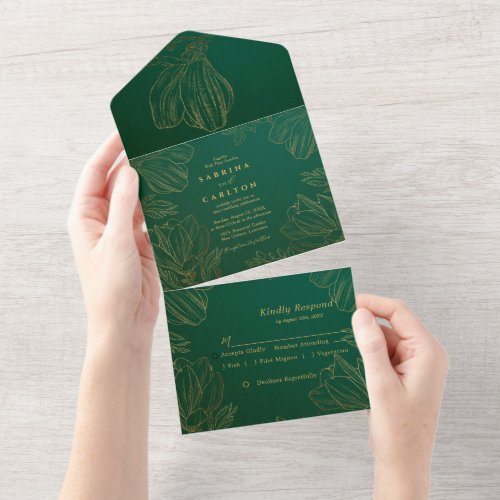 Modern Botanical Golden Nature Floral Wedding All In One Invitation