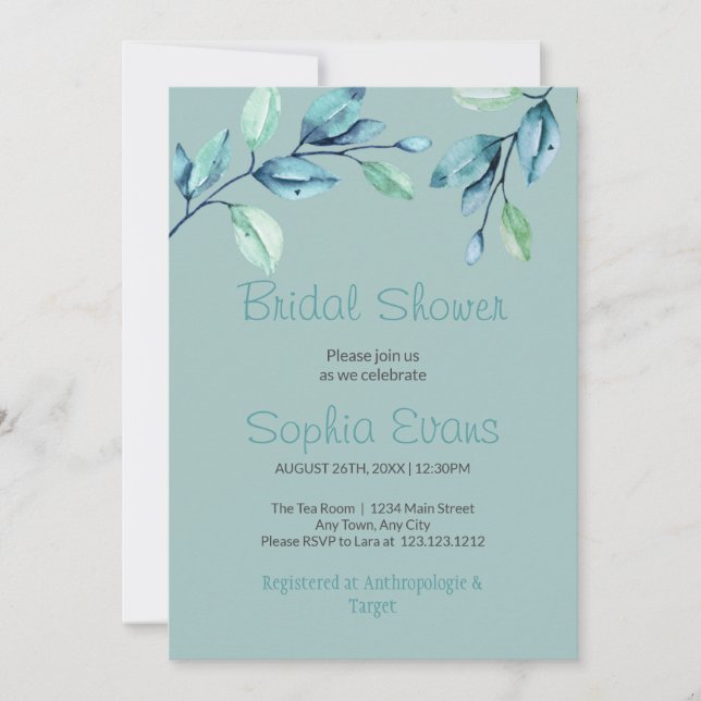 Modern Botanical Green Leaves Green Bridal Shower Invitation (Front)