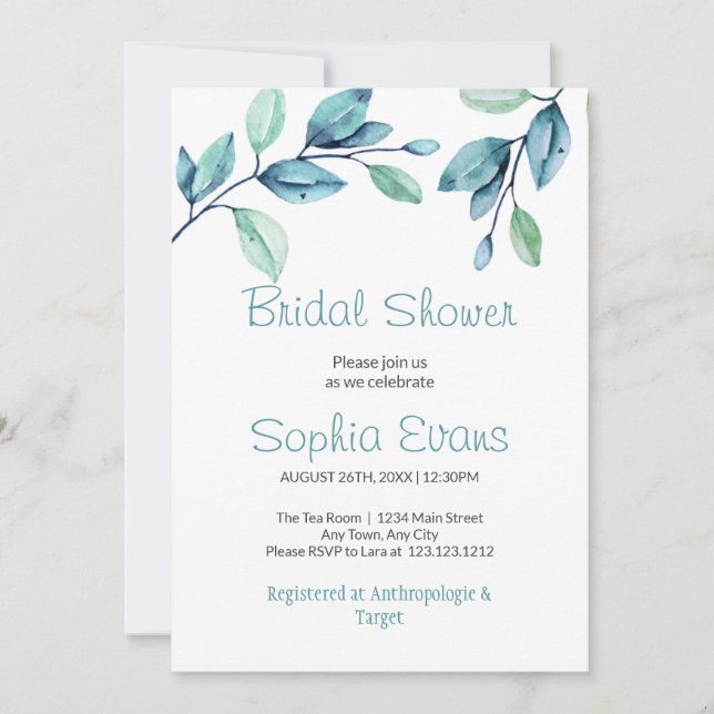 Modern Botanical Green Leaves White Bridal Shower Invitation (Front)